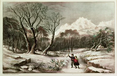 Woodlands in Winter, julkaisijat Nathaniel Currier (1813-88) ja James Merritt Ives (1924-95)